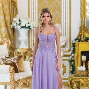 New Long A-Line Special Occasion Gown w/ Glitter Floral Lace & Leg Slit DQ 4531